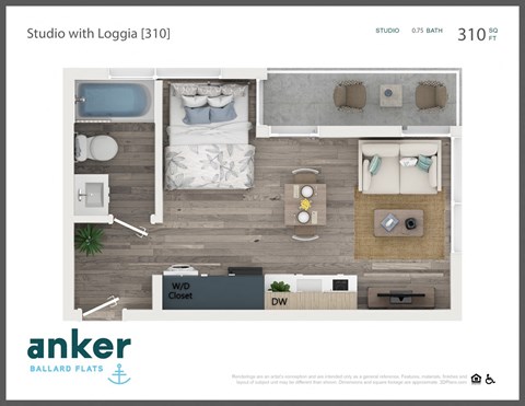 Floor plan for studio, 1 bath, 310 sqft